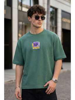 VEIRDO - Men Warning Green Oversized Textured T-Shirt