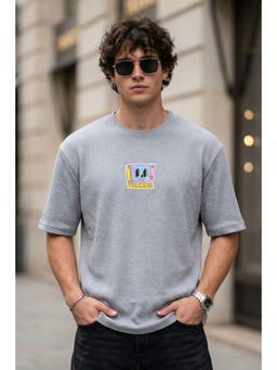 VEIRDO - Men Warning Grey Oversized Textured T-Shirt