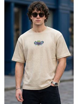 VEIRDO - Men Wicked Trip Beige Oversized Textured T-Shirt