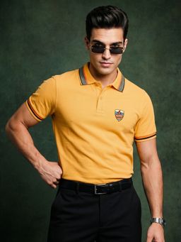 VEIRDO - Men Yellow Badge Regular Fit Exclusive Pique Lycra Polo T-Shirt