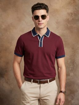VEIRDO - Men Maroon Tipped Regular Fit Exclusive Pique Lycra Polo T-Shirt