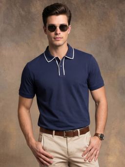VEIRDO - Men Navy Blue Tipped Regular Fit Exclusive Pique Lycra Polo T-Shirt