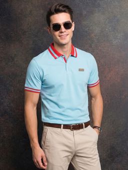VEIRDO - Men Sky Blue Contrast Collar Regular Fit Exclusive Pique Lycra Polo T-Shirt