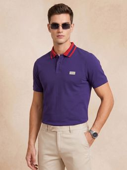 VEIRDO - Men Purple Contrast Collar Regular Fit Exclusive Pique Lycra Polo T-Shirt