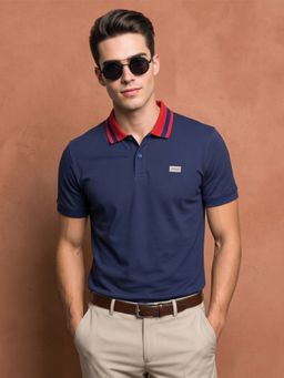 VEIRDO - Men Navy Blue Contrast Collar Regular Fit Exclusive Pique Lycra Polo T-Shirt
