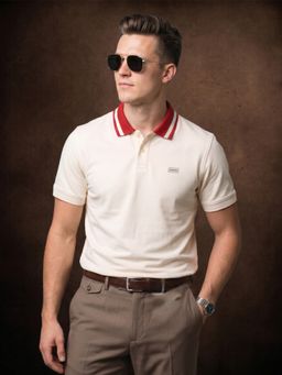 VEIRDO - Men Beige Contrast Collar Regular Fit Exclusive Pique Lycra Polo T-Shirt