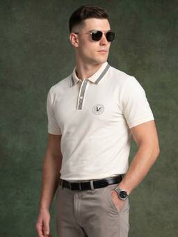 VEIRDO - Men White Regular Fit Pique Lycra Exclusive Polo T-Shirt