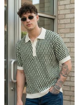VEIRDO - Men Green Printed Flatknit Polo T-Shirt