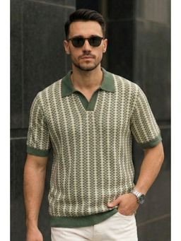 VEIRDO - Men Green Striped Flatknit Polo T-Shirt