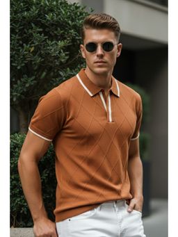 VEIRDO - Men Beige Diamond Wave Flatknit Polo T-Shirt