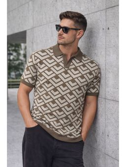 VEIRDO - Men Beige Printed Loose-Fit Flatknit Polo T-Shirt