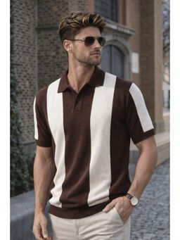 VEIRDO - Men Brown Colorblock Loose-Fit Flatknit Polo T-Shirt