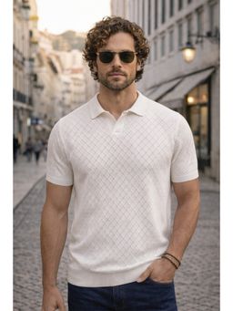 VEIRDO - Men White Loose-Fit Flatknit Polo T-Shirt