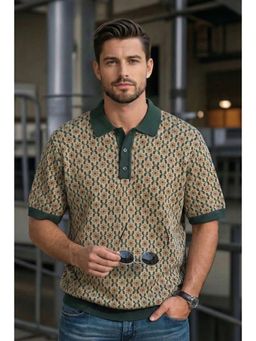 VEIRDO - Men Green Printed Loose-Fit Flatknit Polo T-Shirt