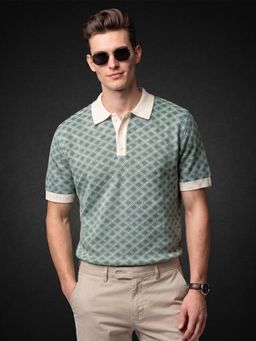 VEIRDO - Men Green Loose-Fit Flatknit Polo T-Shirt