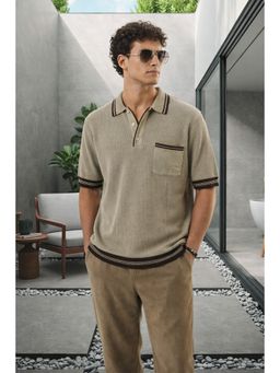 VEIRDO - Men Beige Classic Flatknit Polo T-Shirt