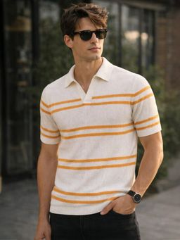 VEIRDO - Men White Striped Flatknit Polo T-Shirt