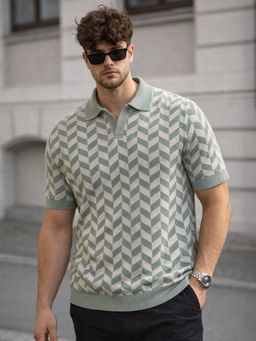 VEIRDO - Men Green Printed Flatknit Polo T-Shirt