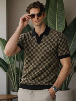 VEIRDO - Men Black Classic Grid Flatknit Polo T-Shirt