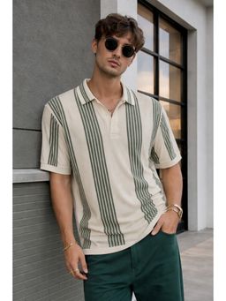 VEIRDO - Men Green Striped Flatknit Polo T-Shirt