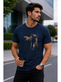 Parcel Yard - Men Navy Blue Round Neck Printed Half Sleeve T-Shirt