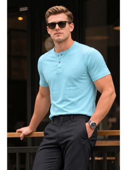 Parcel Yard - Men Blue Henley Neck T-Shirt