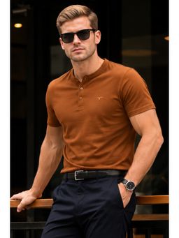 Parcel Yard - Men Khaki Henley Neck T-Shirt