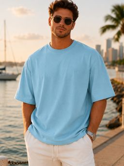 Parcel Yard - Men Blue Round Neck Drop Shoulder Half Sleeve T-Shirt