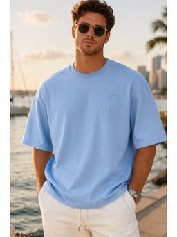 Parcel Yard - Men Blue Round Neck Drop Shoulder Half Sleeve T-Shirt