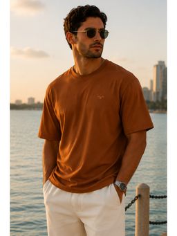 Parcel Yard - Men Khaki Round Neck Drop Shoulder Half Sleeve T-Shirt