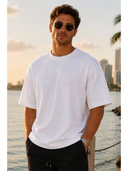 Parcel Yard - Men White Round Neck Drop Shoulder Half Sleeve T-Shirt