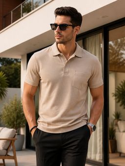 Parcel Yard - Men Beige Collar Neck Polo T-Shirt