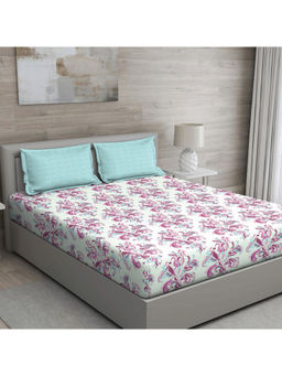 GM - Sage Green And Wine Pink Floral 150 Tc Cotton Queen Bedsheet With 2 Pillow Covers