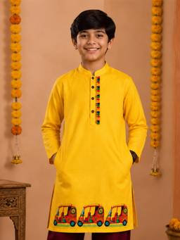 KiddoPanti - Yellow Printed Rayon Regular Kurta