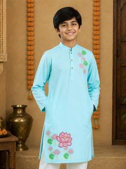 KiddoPanti - Blue Printed Rayon Regular Kurta