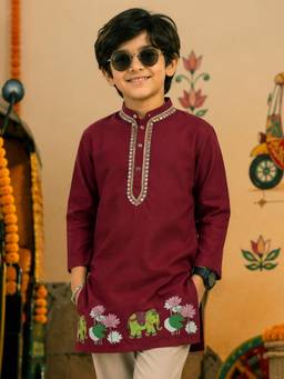 KiddoPanti - Maroon Printed Rayon Regular Kurta