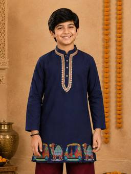 KiddoPanti - Navy Blue Printed Rayon Regular Kurta