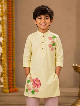 KiddoPanti - Off White Printed Rayon Regular Kurta