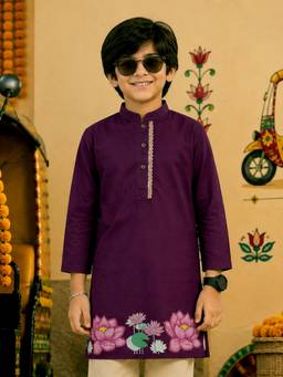 KiddoPanti - Wine Printed Rayon Regular Kurta