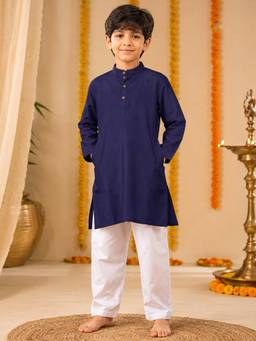 KiddoPanti - Navy Blue Solid Rayon Regular Kurta and Pyjama