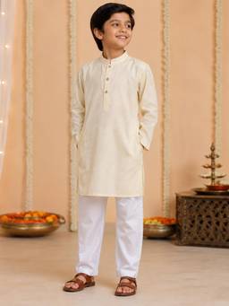 KiddoPanti - Off White Solid Rayon Regular Kurta and Pyjama
