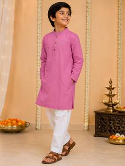 KiddoPanti - Pink Solid Rayon Regular Kurta and Pyjama