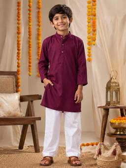 KiddoPanti - Wine Solid Rayon Regular Kurta and Pyjama