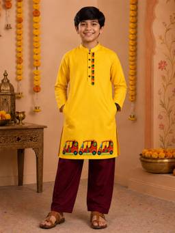 KiddoPanti - Yellow Printed Rayon Regular Kurta and Pyjama