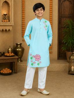 KiddoPanti - Blue Printed Rayon Regular Kurta and Pyjama