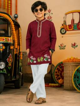 KiddoPanti - Maroon Printed Rayon Regular Kurta and Pyjama