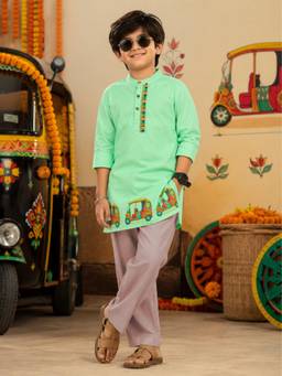 KiddoPanti - Green Printed Rayon Regular Kurta and Pyjama