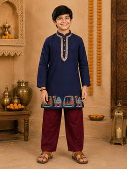 KiddoPanti - Navy Blue Printed Rayon Regular Kurta and Pyjama