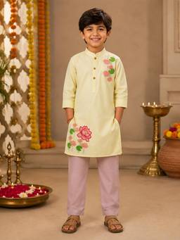 KiddoPanti - Yellow Printed Rayon Regular Kurta and Pyjama