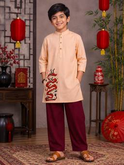 KiddoPanti - Peach Printed Rayon Regular Kurta and Pyjama